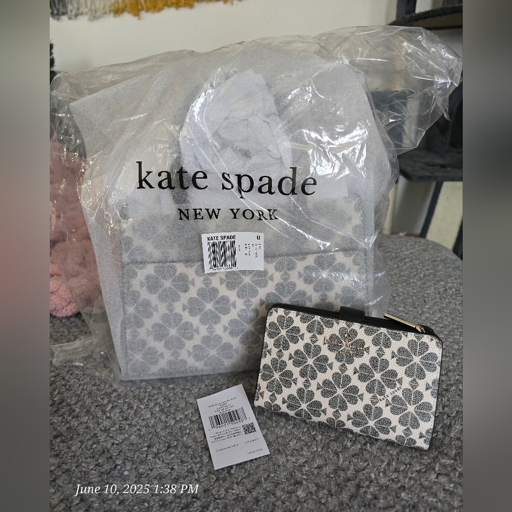 NWT Kate Spade 3pcs Purse/bag Set, Wallets, Signature Spade Flower In Black